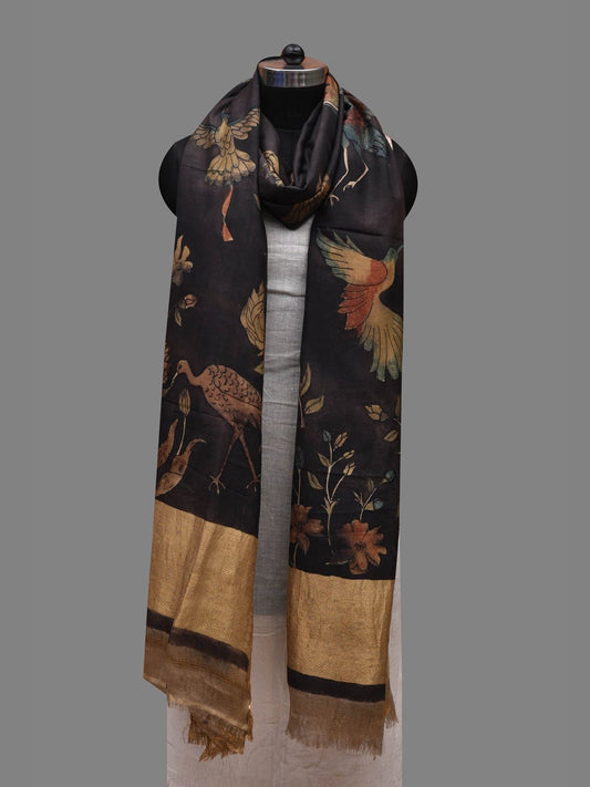 Black Kalamkari Hand Painted Kanchipuram Silk Handloom Dupatta with Birds Design ds2605