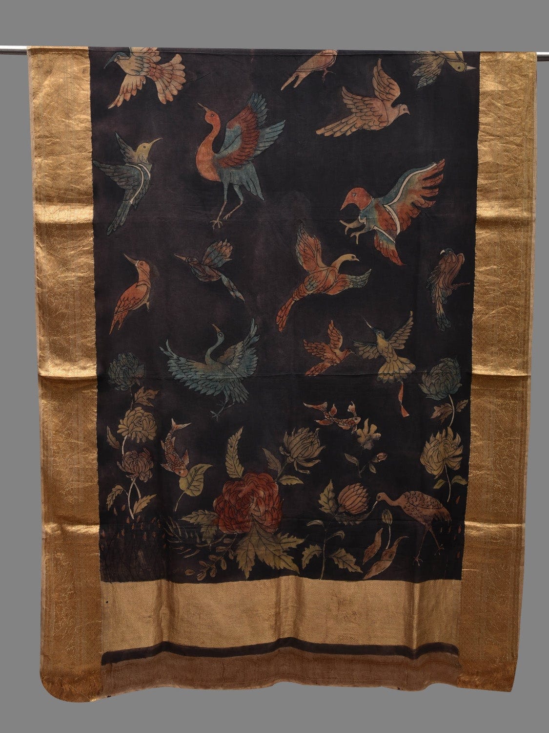Black Kalamkari Hand Painted Kanchipuram Silk Handloom Dupatta with Birds Design ds2605