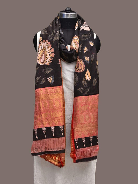 Black Kalamkari Hand Painted Kanchipuram Silk Handloom Dupatta with Floral and Birds Design ds2296