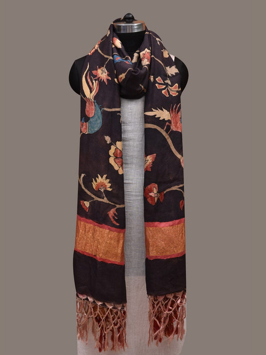 Black Kalamkari Hand Painted Kanchipuram Silk Handloom Dupatta with Floral and Birds Design ds2868
