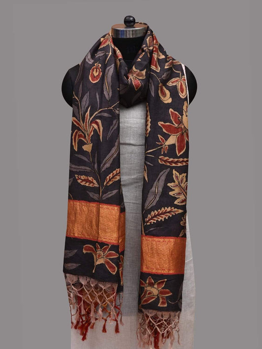 Black Kalamkari Hand Painted Kanchipuram Silk Handloom Dupatta with Floral Design ds2593
