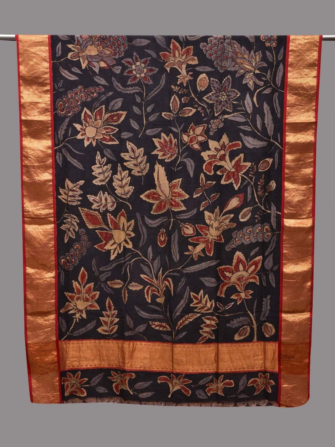 Black Kalamkari Hand Painted Kanchipuram Silk Handloom Dupatta with Floral Design ds2593
