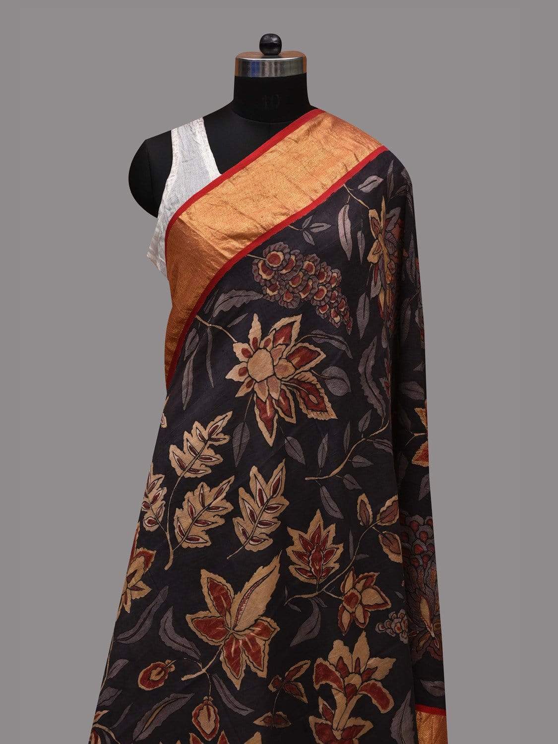 Black Kalamkari Hand Painted Kanchipuram Silk Handloom Dupatta with Floral Design ds2593