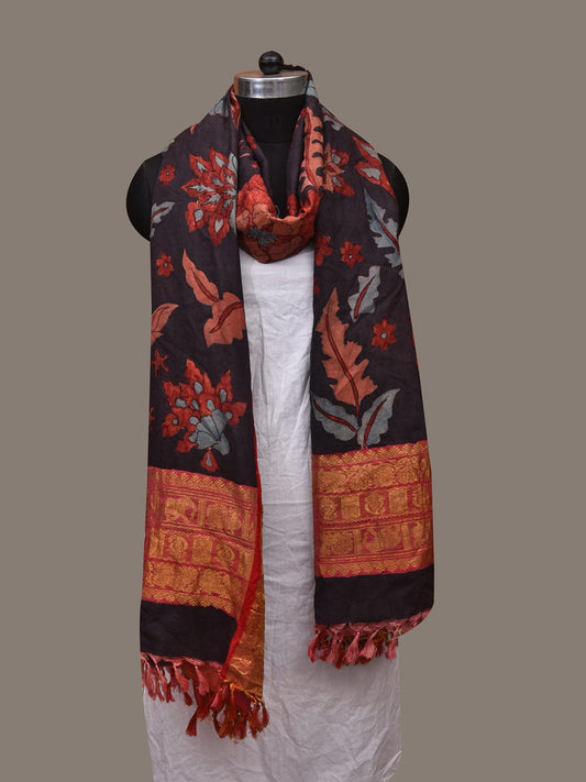 Black Kalamkari Hand Painted Kanchipuram Silk Handloom Dupatta with Floral Design ds3069