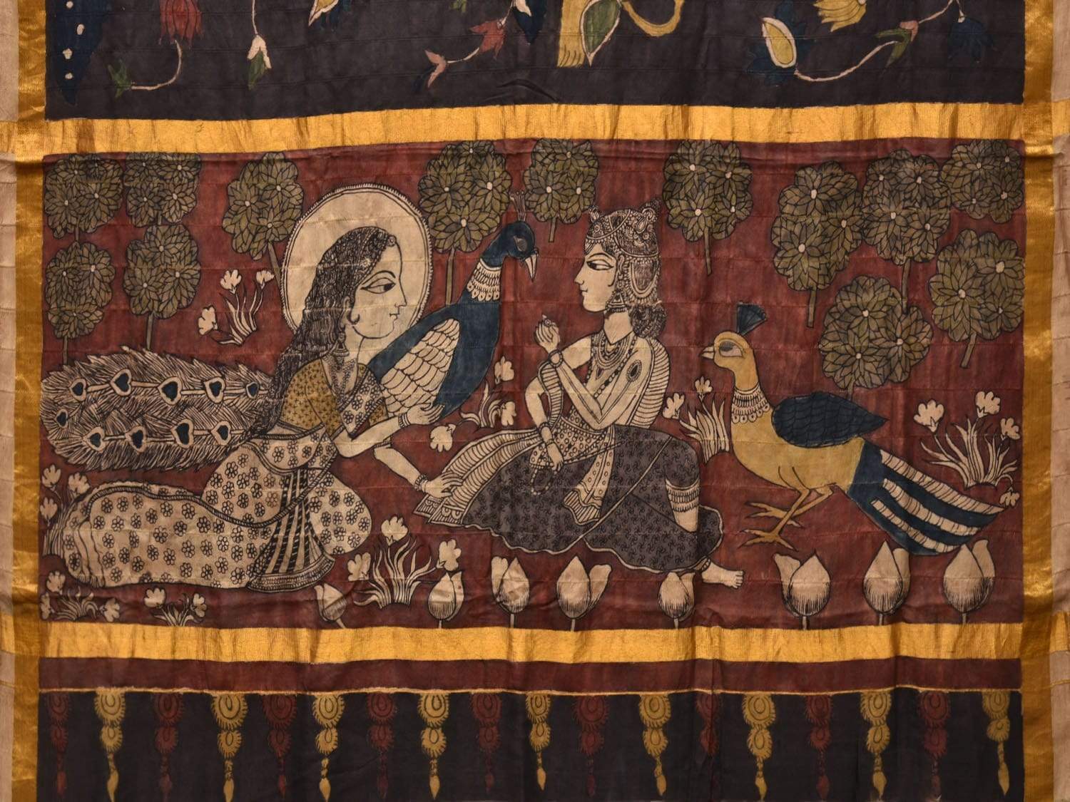 Black Kalamkari Hand Painted Kanchipuram Silk Handloom Saree with Birds and Pallu Design KL0417