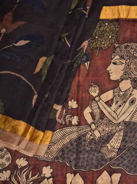 Black Kalamkari Hand Painted Kanchipuram Silk Handloom Saree with Birds and Pallu Design KL0417