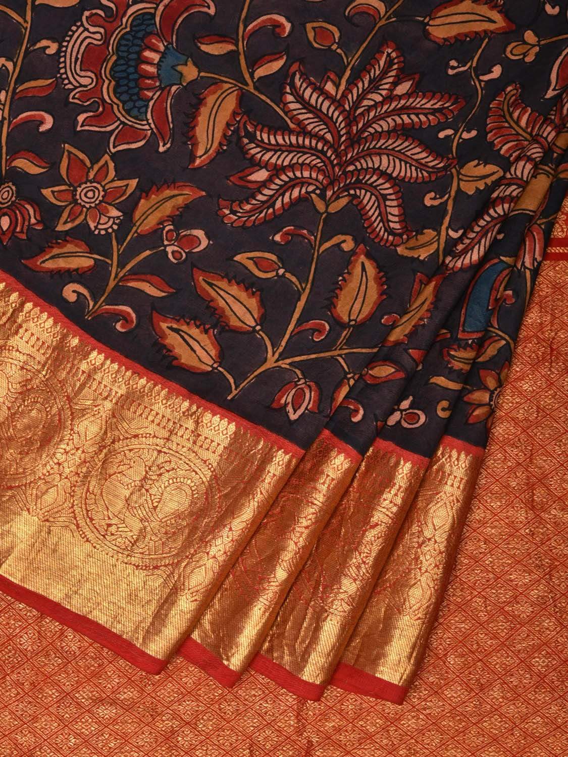 Black Kalamkari Hand Painted Kanchipuram Silk Handloom Saree with Floral and Peacocks Design KL0529