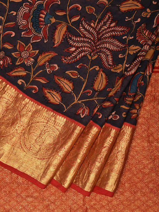 Black Kalamkari Hand Painted Kanchipuram Silk Handloom Saree with Floral and Peacocks Design KL0529