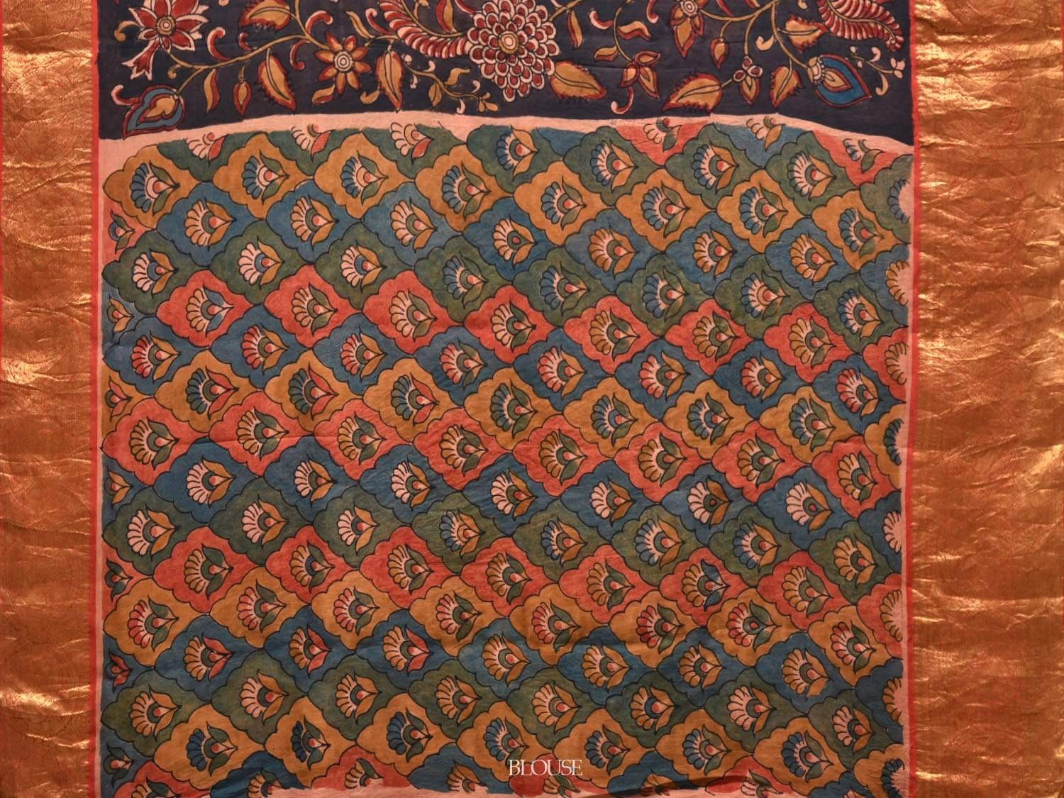 Black Kalamkari Hand Painted Kanchipuram Silk Handloom Saree with Floral and Peacocks Design KL0529