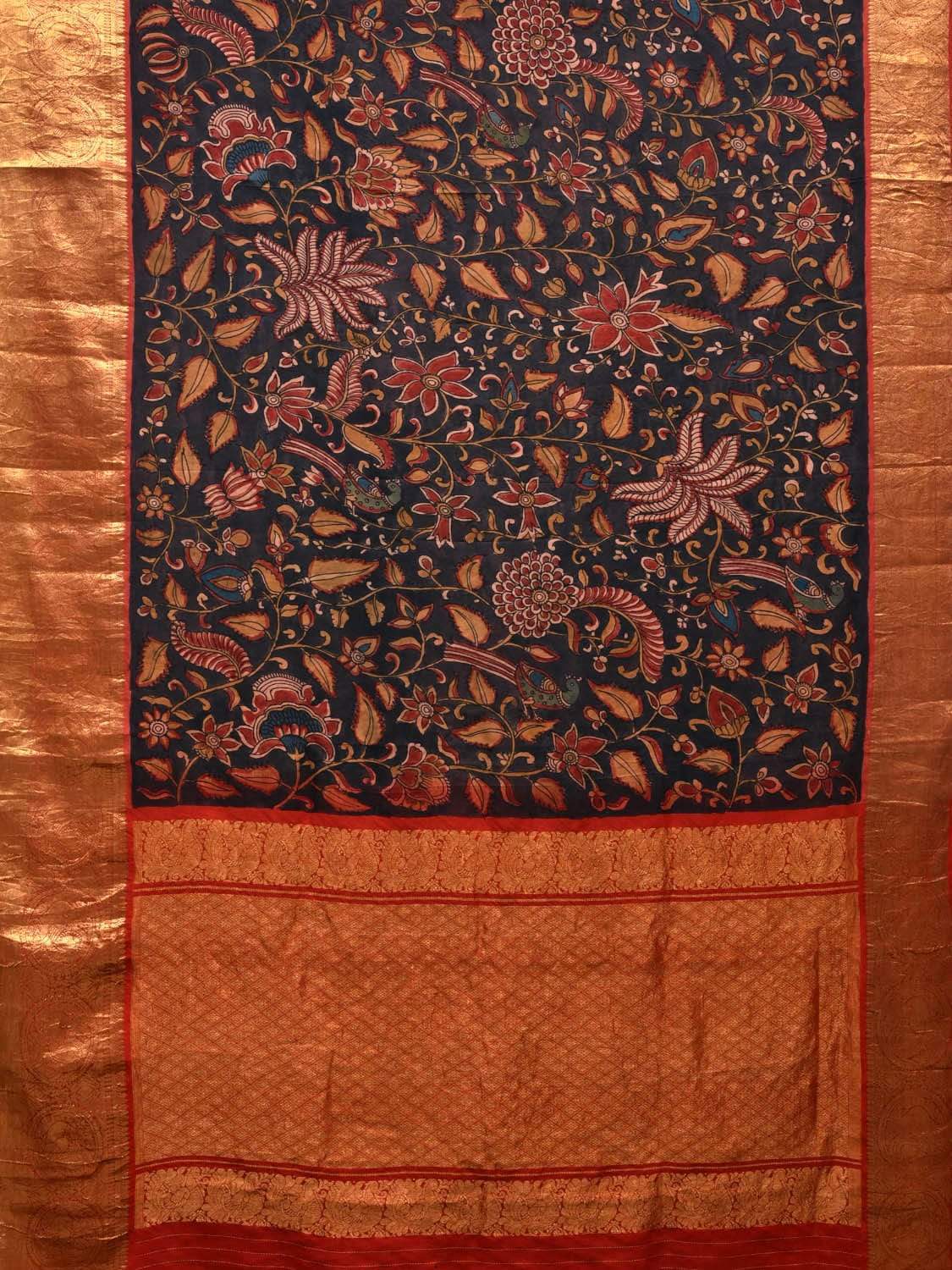 Black Kalamkari Hand Painted Kanchipuram Silk Handloom Saree with Floral and Peacocks Design KL0529