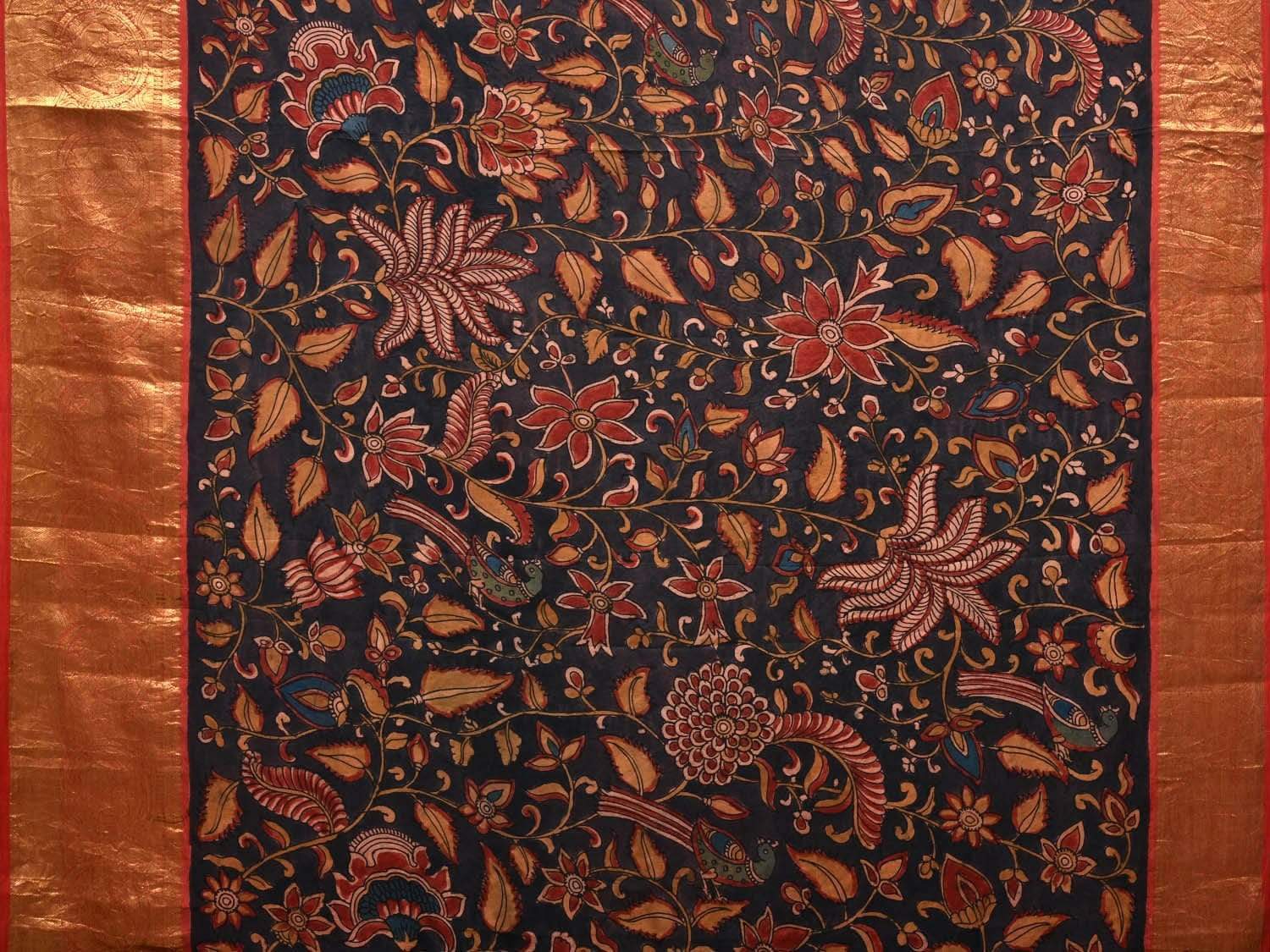 Black Kalamkari Hand Painted Kanchipuram Silk Handloom Saree with Floral and Peacocks Design KL0529