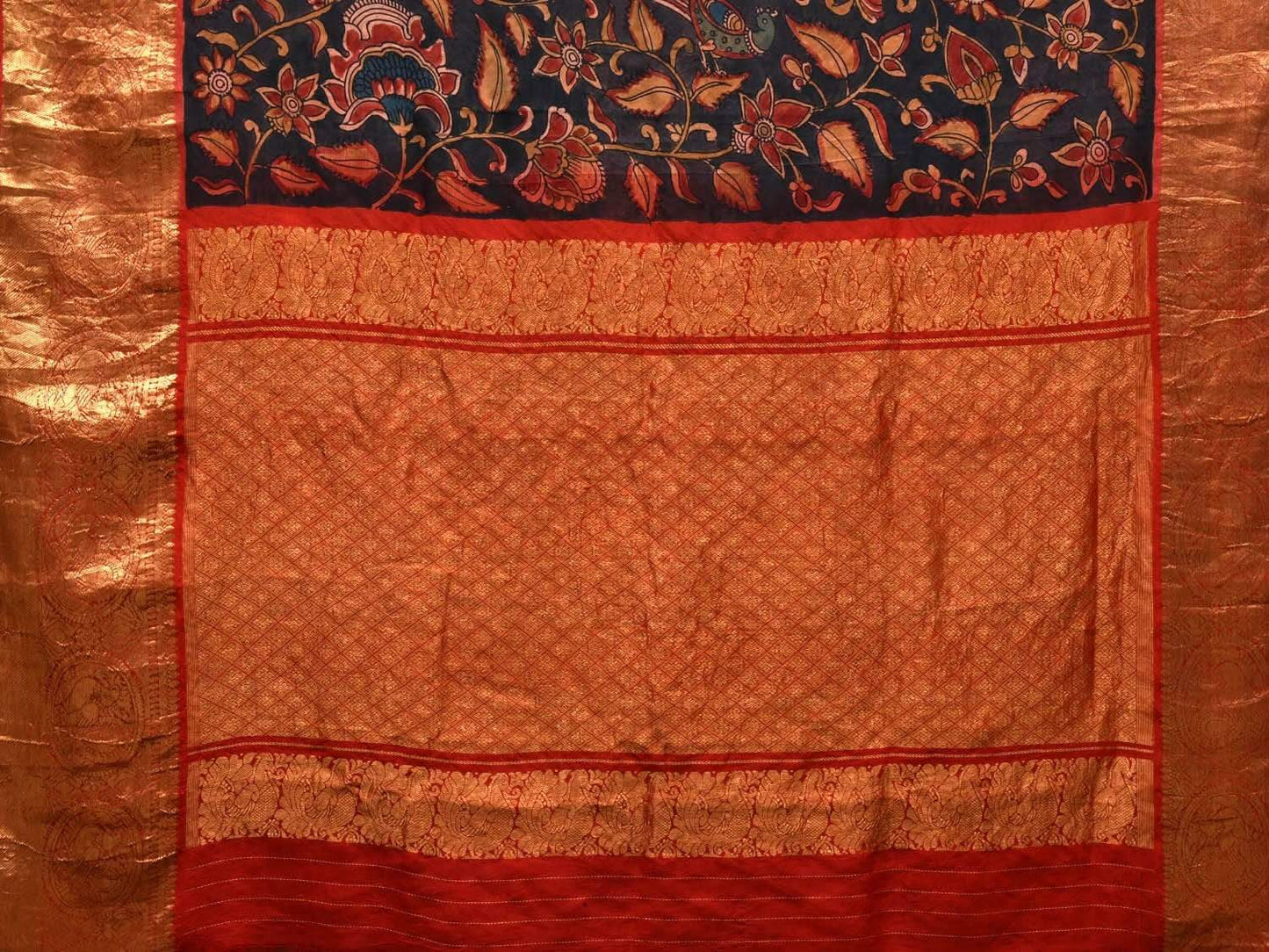 Black Kalamkari Hand Painted Kanchipuram Silk Handloom Saree with Floral and Peacocks Design KL0529