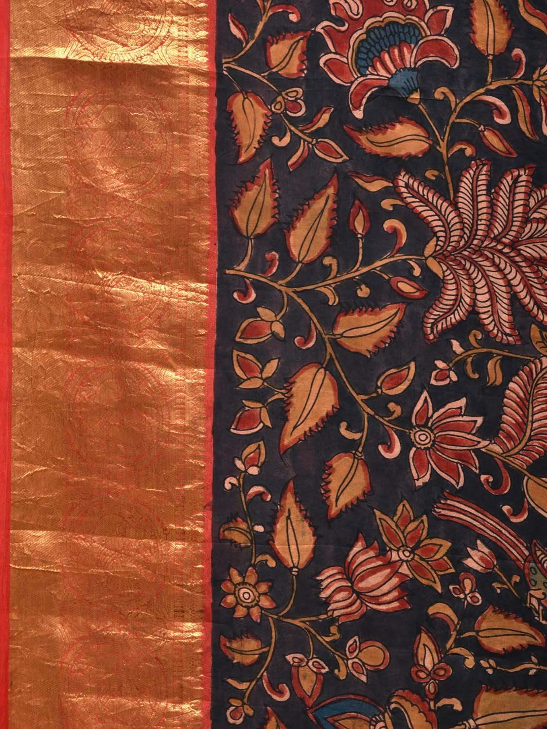Black Kalamkari Hand Painted Kanchipuram Silk Handloom Saree with Floral and Peacocks Design KL0529