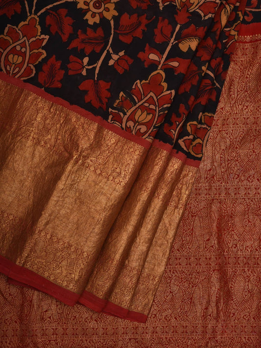 Black Kalamkari Hand Painted Kanchipuram Silk Handloom Saree with Floral Design KL0596