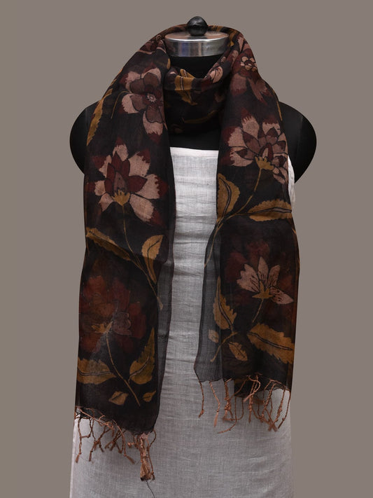 Black Kalamkari Hand Painted Organza Handloom Stole with Floral Design ds2710