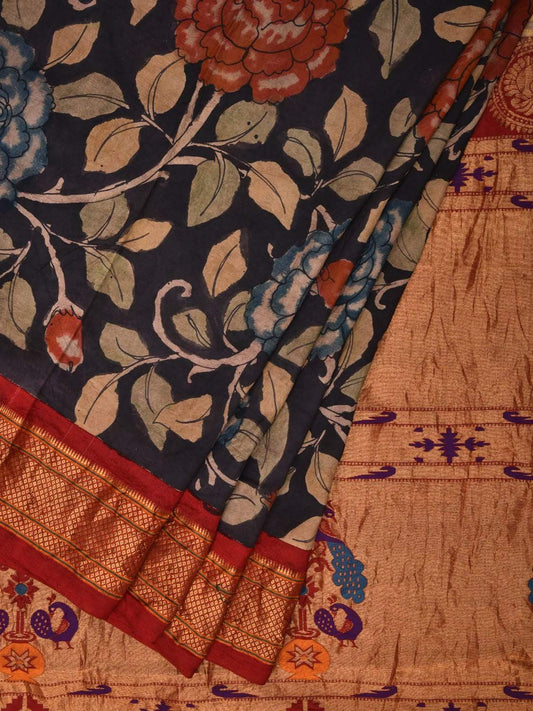 Black Kalamkari Hand Painted Paithani Silk Handloom Saree Big Flowers Design KL0484