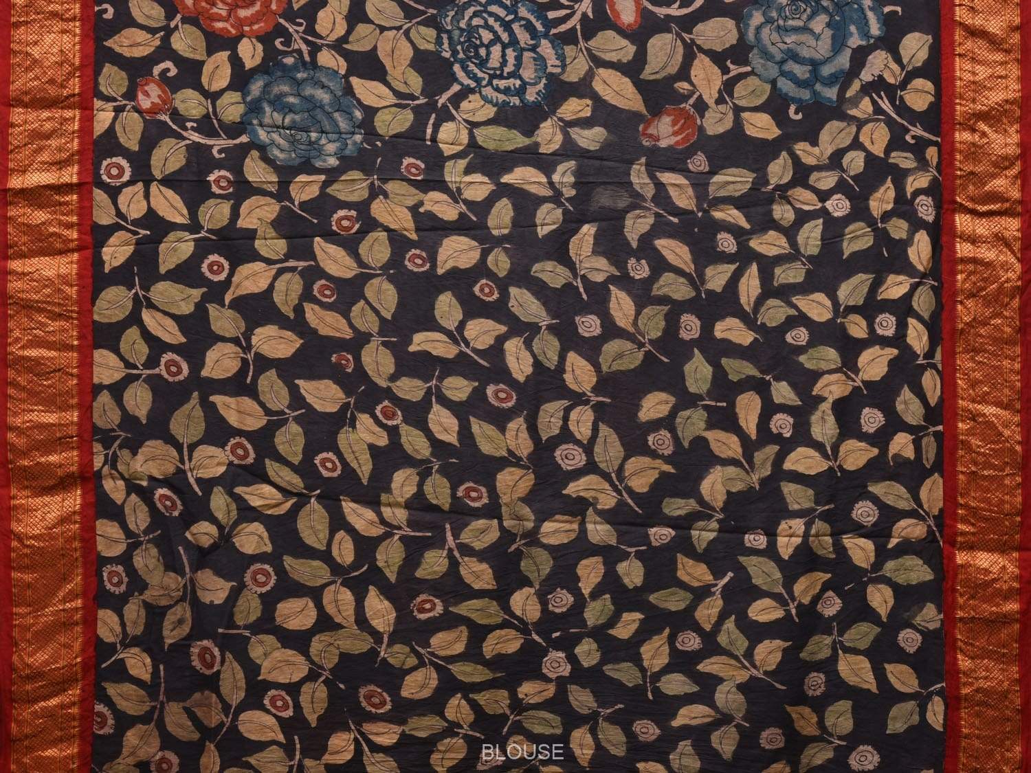 Black Kalamkari Hand Painted Paithani Silk Handloom Saree Big Flowers Design KL0484