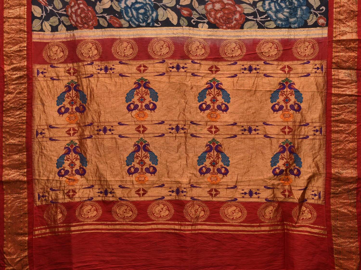 Black Kalamkari Hand Painted Paithani Silk Handloom Saree Big Flowers Design KL0484