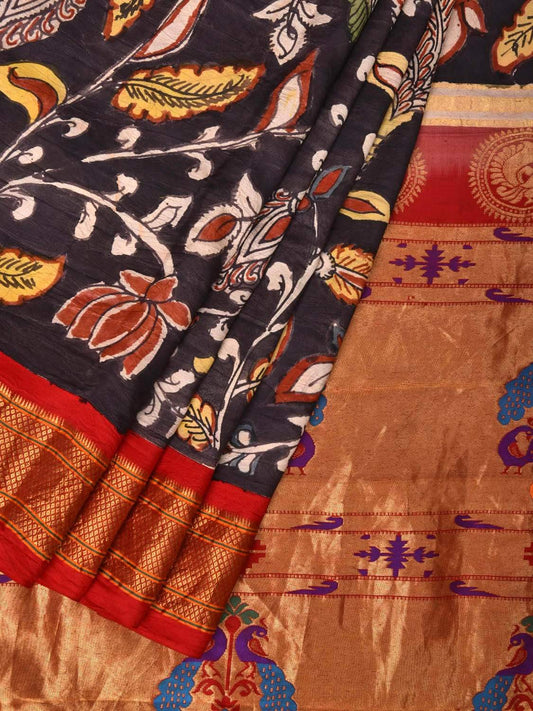Black Kalamkari Hand Painted Paithani Silk Handloom Saree with Floral and Birds Design KL0444