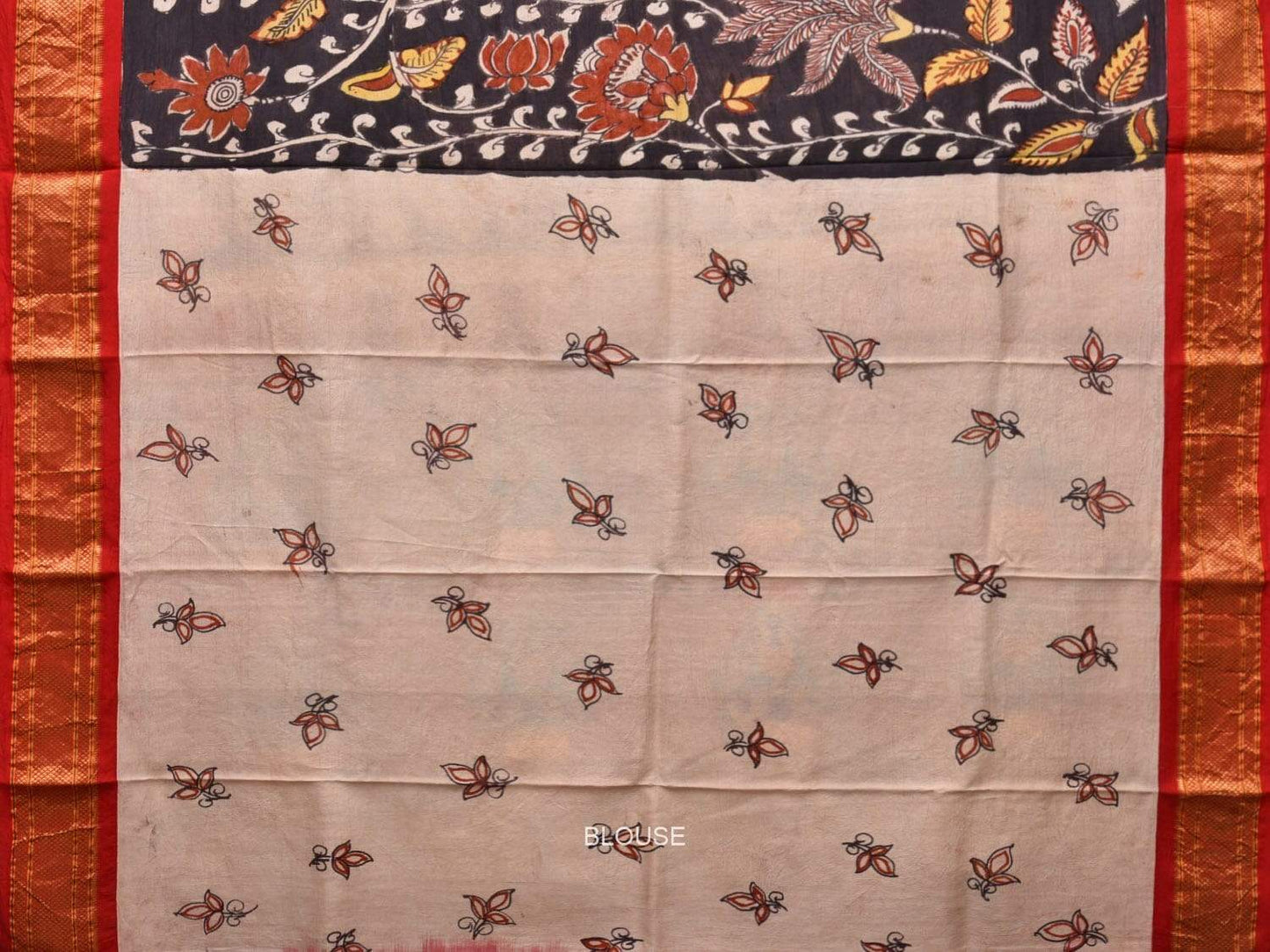 Black Kalamkari Hand Painted Paithani Silk Handloom Saree with Floral and Birds Design KL0444