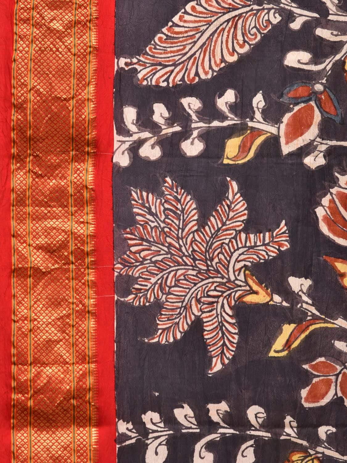 Black Kalamkari Hand Painted Paithani Silk Handloom Saree with Floral and Birds Design KL0444