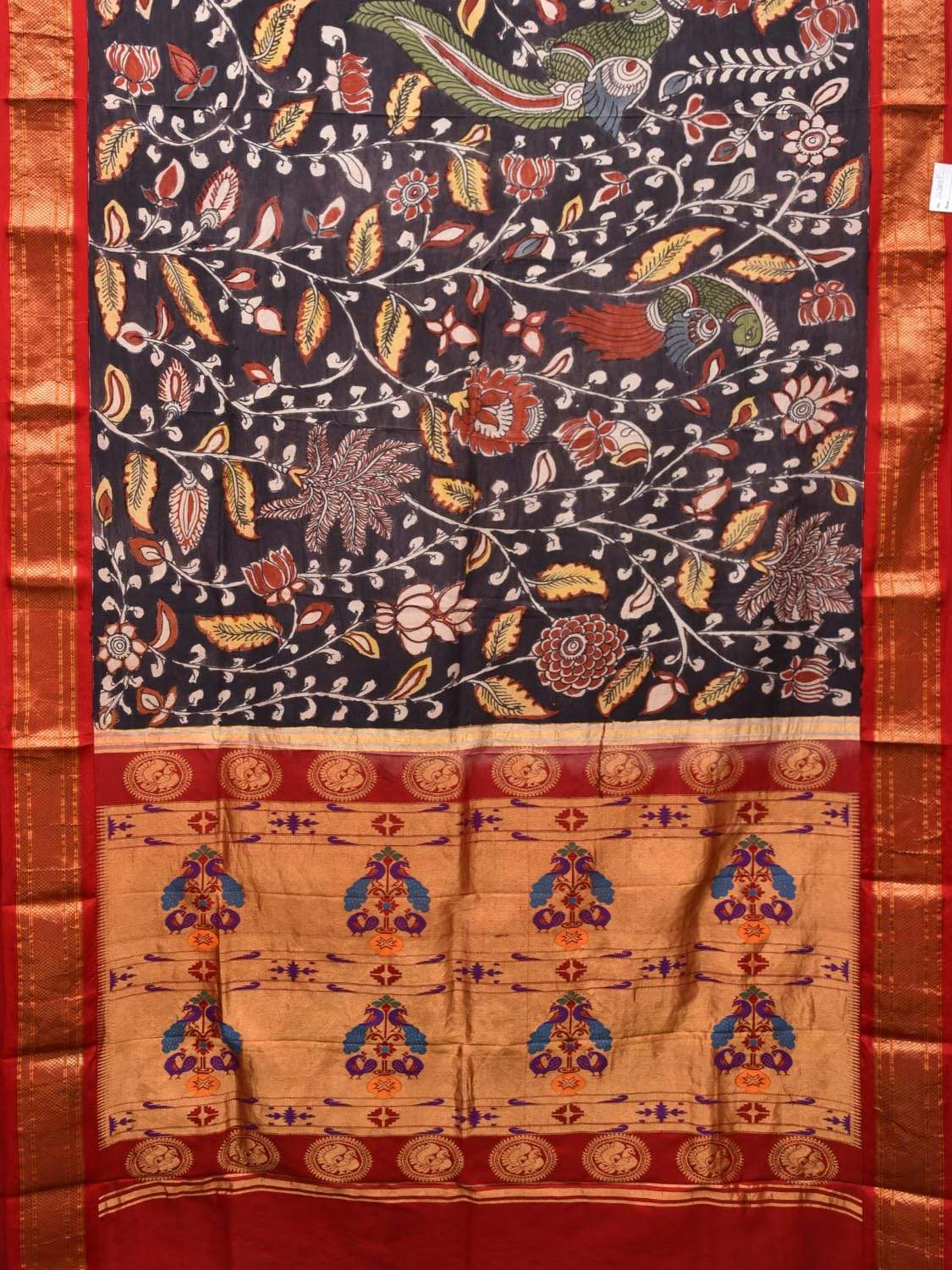 Black Kalamkari Hand Painted Paithani Silk Handloom Saree with Floral and Birds Design KL0444