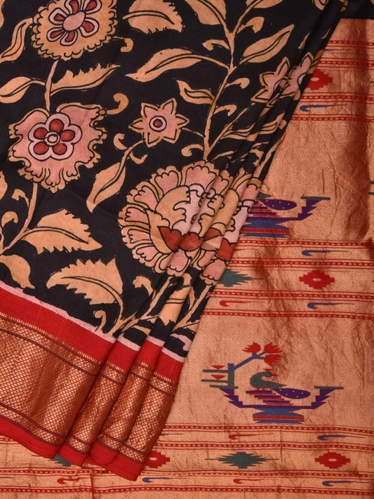 Black Kalamkari Hand Painted Paithani Silk Handloom Saree with Floral and Pallu Design KL0473