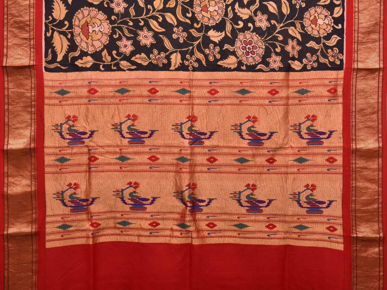 Black Kalamkari Hand Painted Paithani Silk Handloom Saree with Floral and Pallu Design KL0473