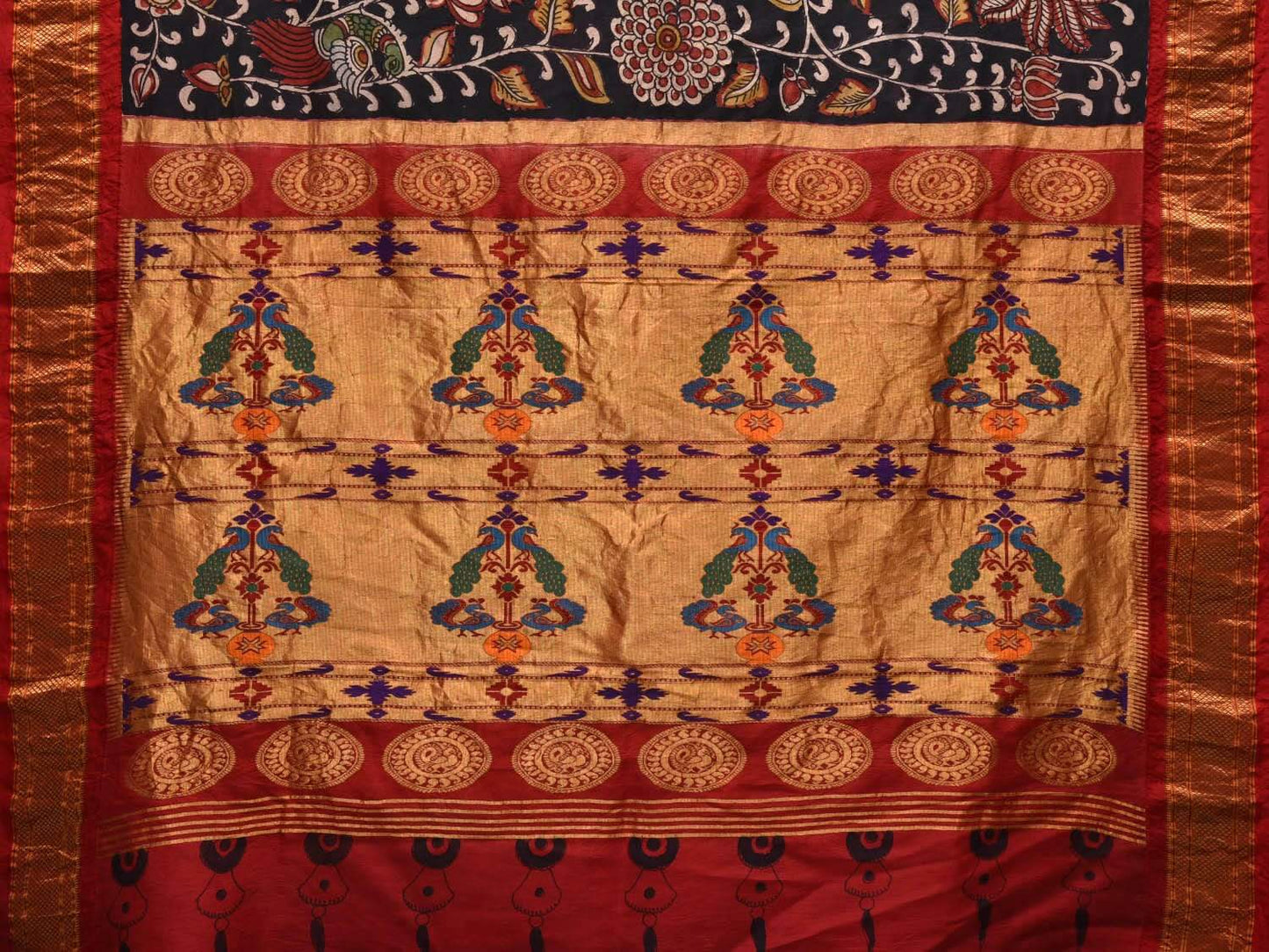 Black Kalamkari Hand Painted Paithani Silk Handloom Saree with Floral Design KL0550
