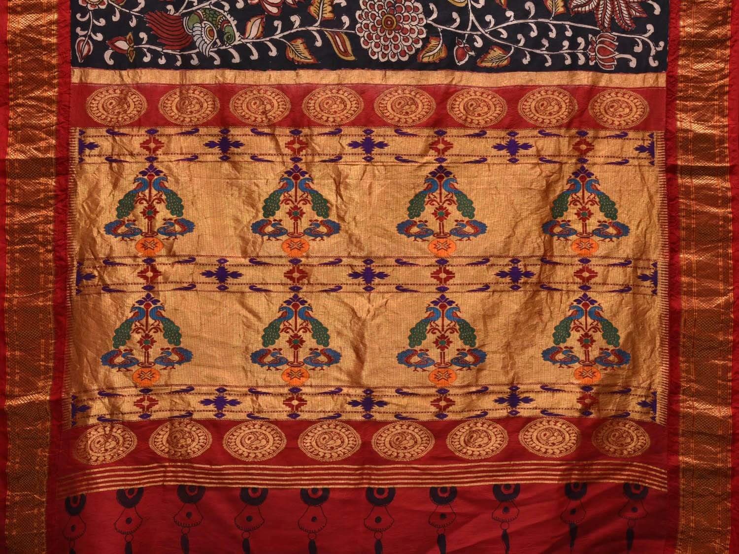 Black Kalamkari Hand Painted Paithani Silk Handloom Saree with Floral Design KL0550