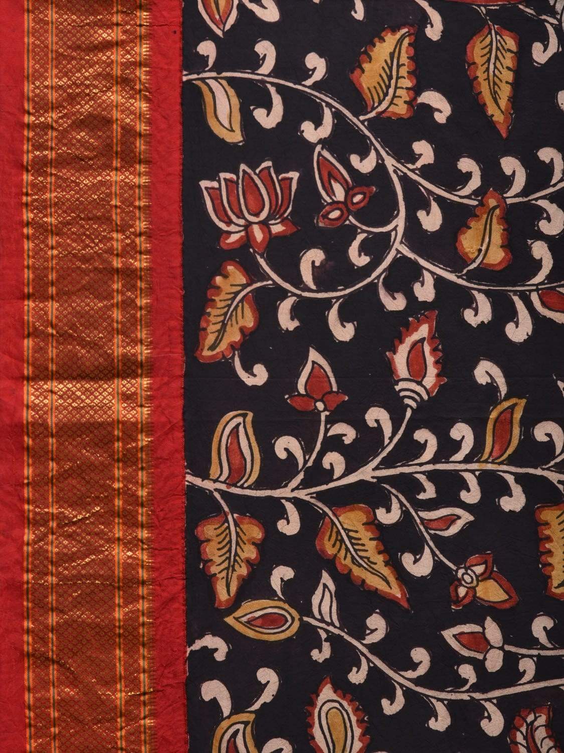 Black Kalamkari Hand Painted Paithani Silk Handloom Saree with Floral Design KL0550