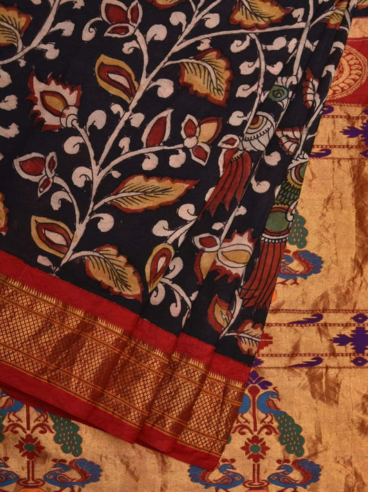 Black Kalamkari Hand Painted Paithani Silk Handloom Saree with Floral Design KL0550