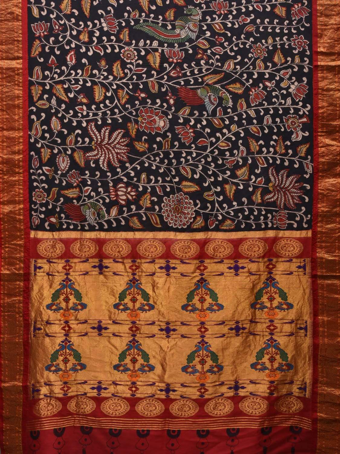 Black Kalamkari Hand Painted Paithani Silk Handloom Saree with Floral Design KL0550