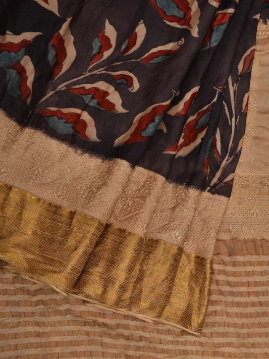 Black Kalamkari Hand Painted Satin Silk Saree with Floral and Embroidary Design KL0676