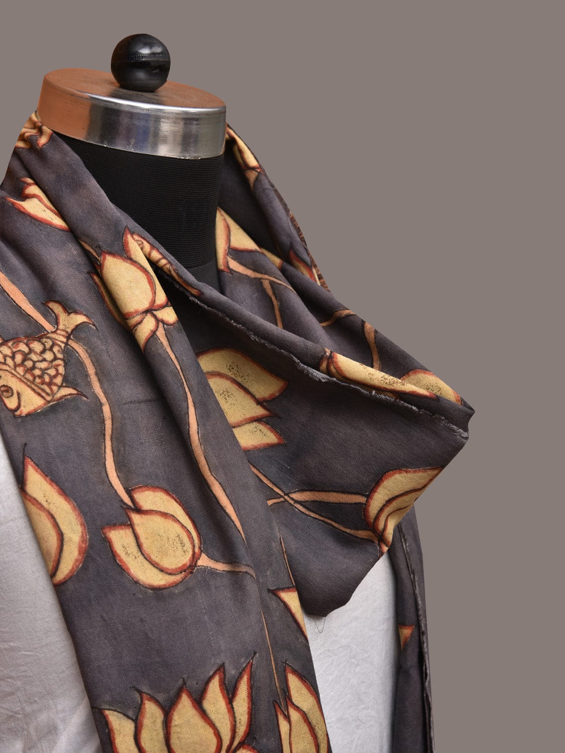 Black Kalamkari Hand Painted Sico Dupatta with Lotus and Fish Design ds3506