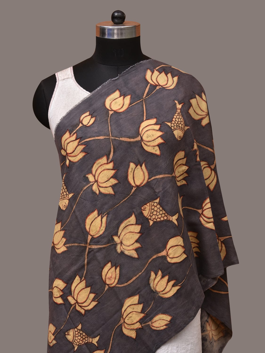 Black Kalamkari Hand Painted Sico Dupatta with Lotus and Fish Design ds3506