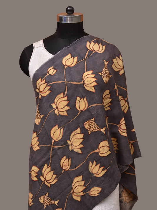 Black Kalamkari Hand Painted Sico Dupatta with Lotus and Fish Design ds3506