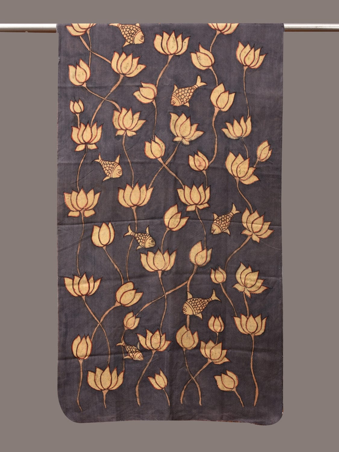 Black Kalamkari Hand Painted Sico Dupatta with Lotus and Fish Design ds3506