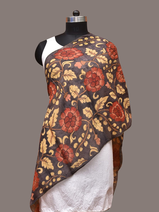 Black Kalamkari Hand Painted Sico Stole with Floral Design ds3349