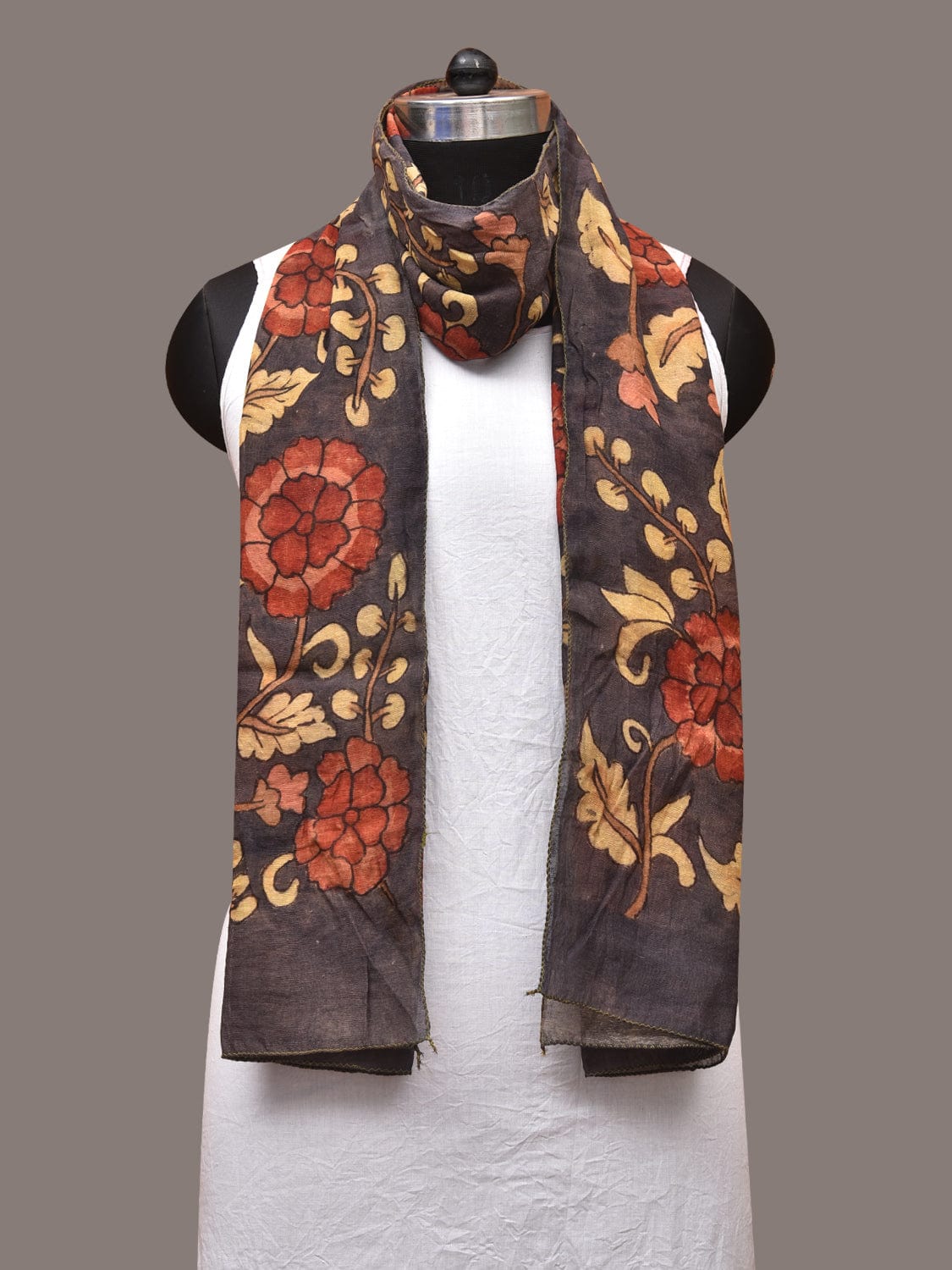 Black Kalamkari Hand Painted Sico Stole with Floral Design ds3349