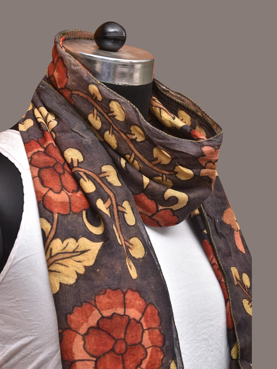 Black Kalamkari Hand Painted Sico Stole with Floral Design ds3349