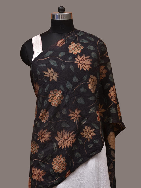 Black Kalamkari Hand Painted Sico Stole with Floral Design ds3431