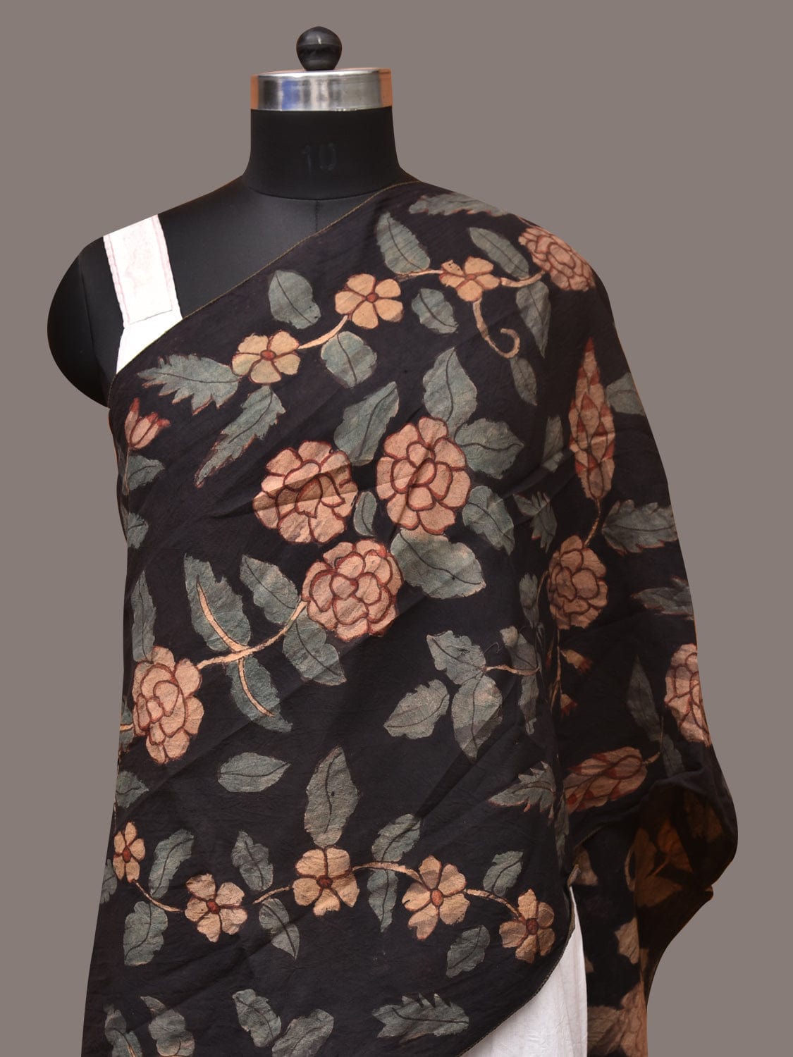 Black Kalamkari Hand Painted Sico Stole with Floral Design ds3439