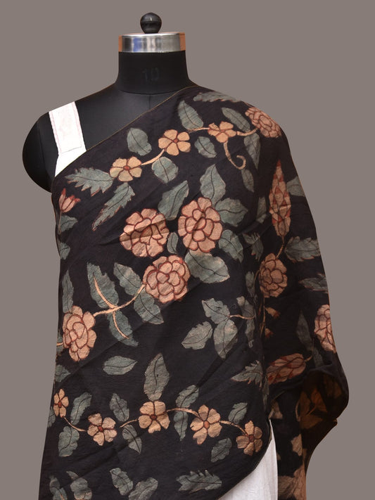 Black Kalamkari Hand Painted Sico Stole with Floral Design ds3439