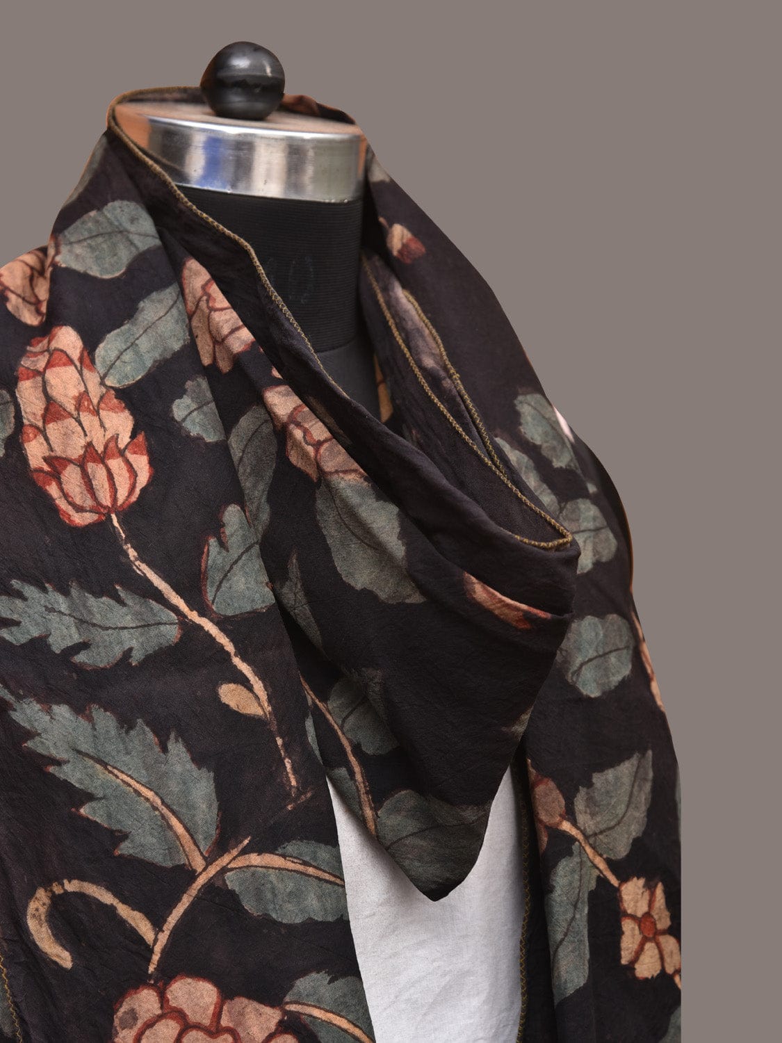 Black Kalamkari Hand Painted Sico Stole with Floral Design ds3439