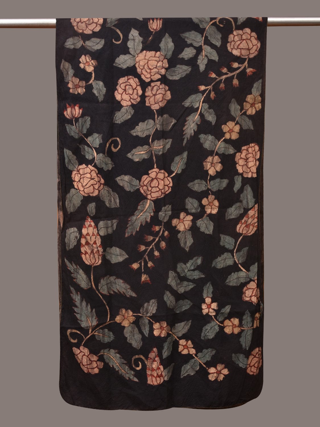 Black Kalamkari Hand Painted Sico Stole with Floral Design ds3439