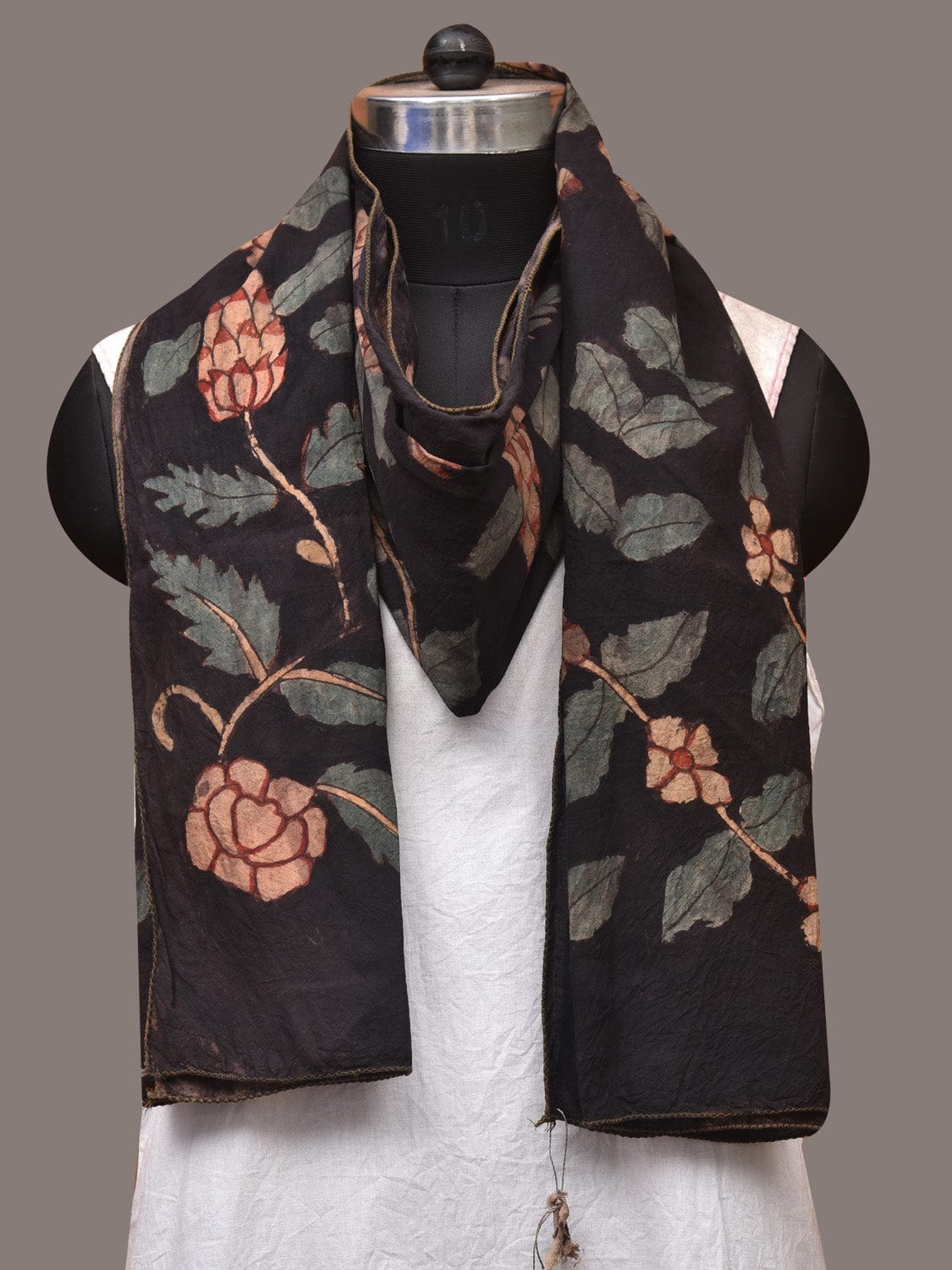 Black Kalamkari Hand Painted Sico Stole with Floral Design ds3439