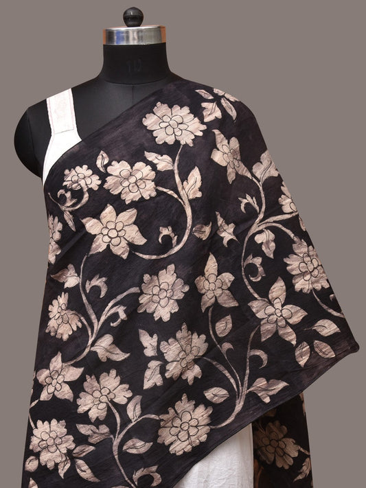 Black Kalamkari Hand Painted Sico Stole with Floral Design ds3445