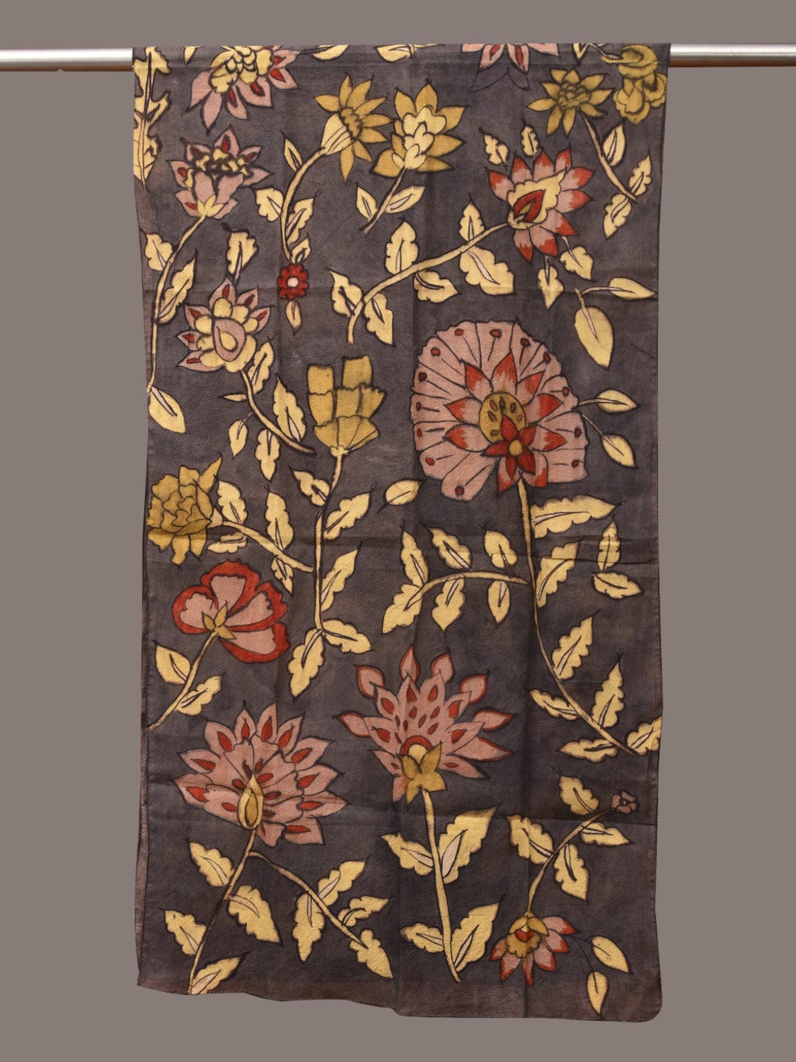 Black Kalamkari Hand Painted Sico Stole with Floral Design ds3527