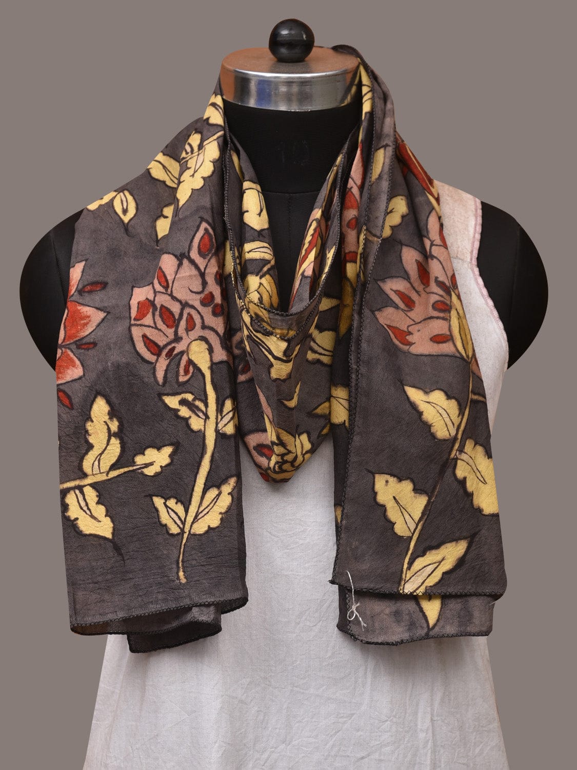 Black Kalamkari Hand Painted Sico Stole with Floral Design ds3527